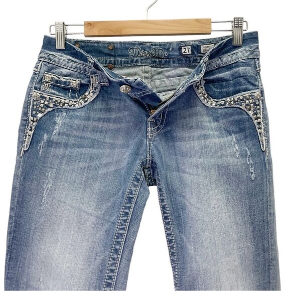 Miss Me Cropped Jeans Straight Leg Mid Light Wash Y2K Back Flap Jeans Size 27 - Picture 7 of 14